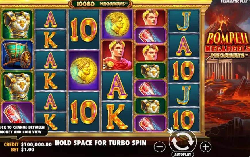 Pompeii Megareels Megaways slot gameplay screenshot